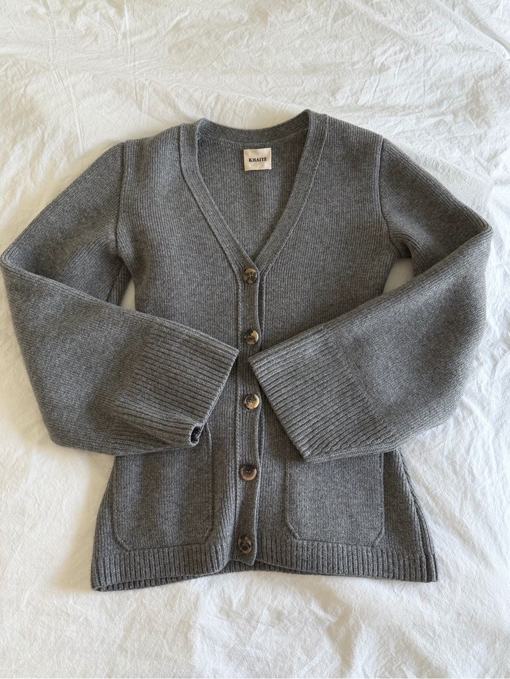Khaite Lucy Gray V-Neck Button Front Wool Cardigan XS